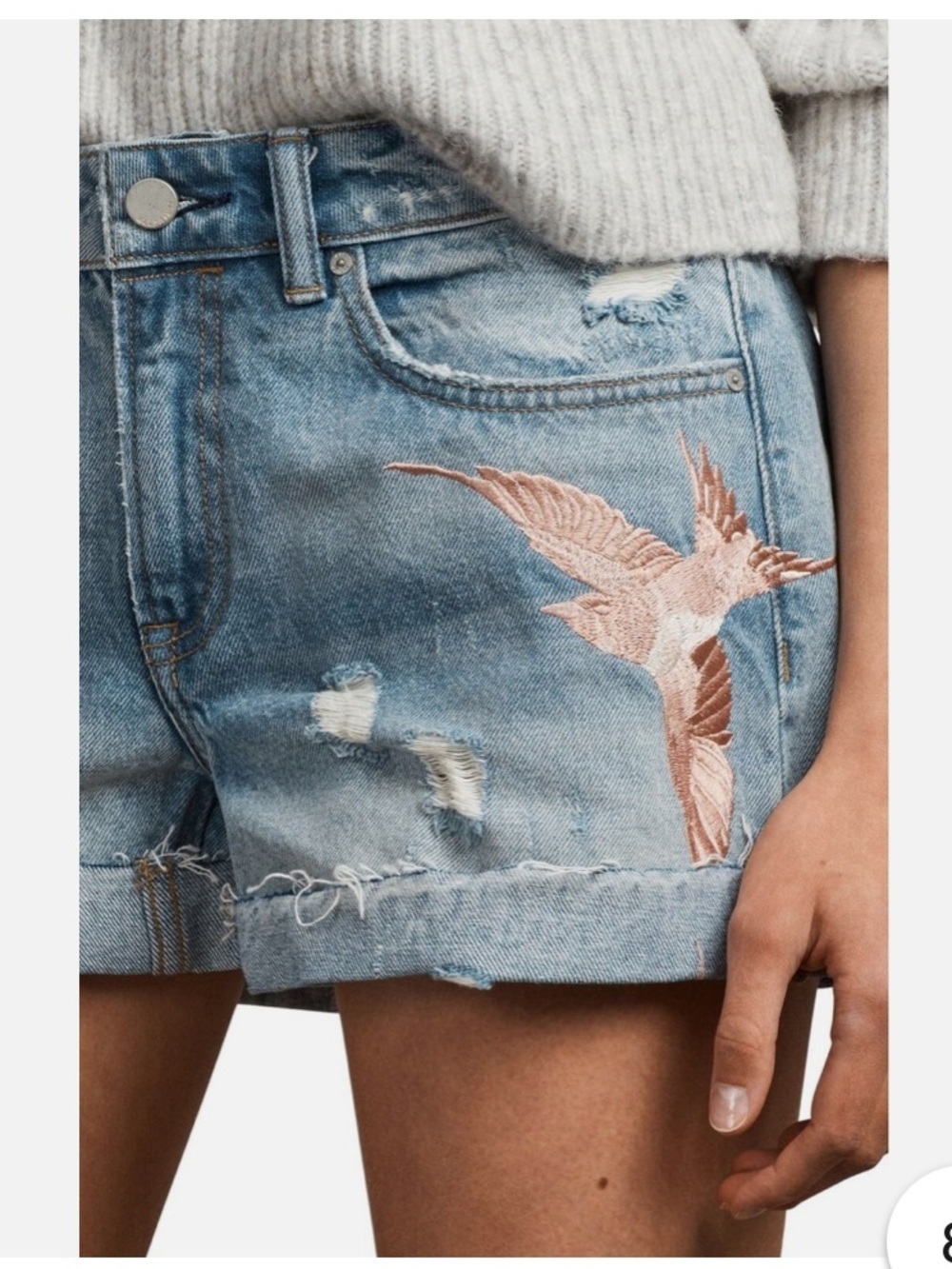AllSaints Pam Birds embroidered distressed denim shorts, size 26